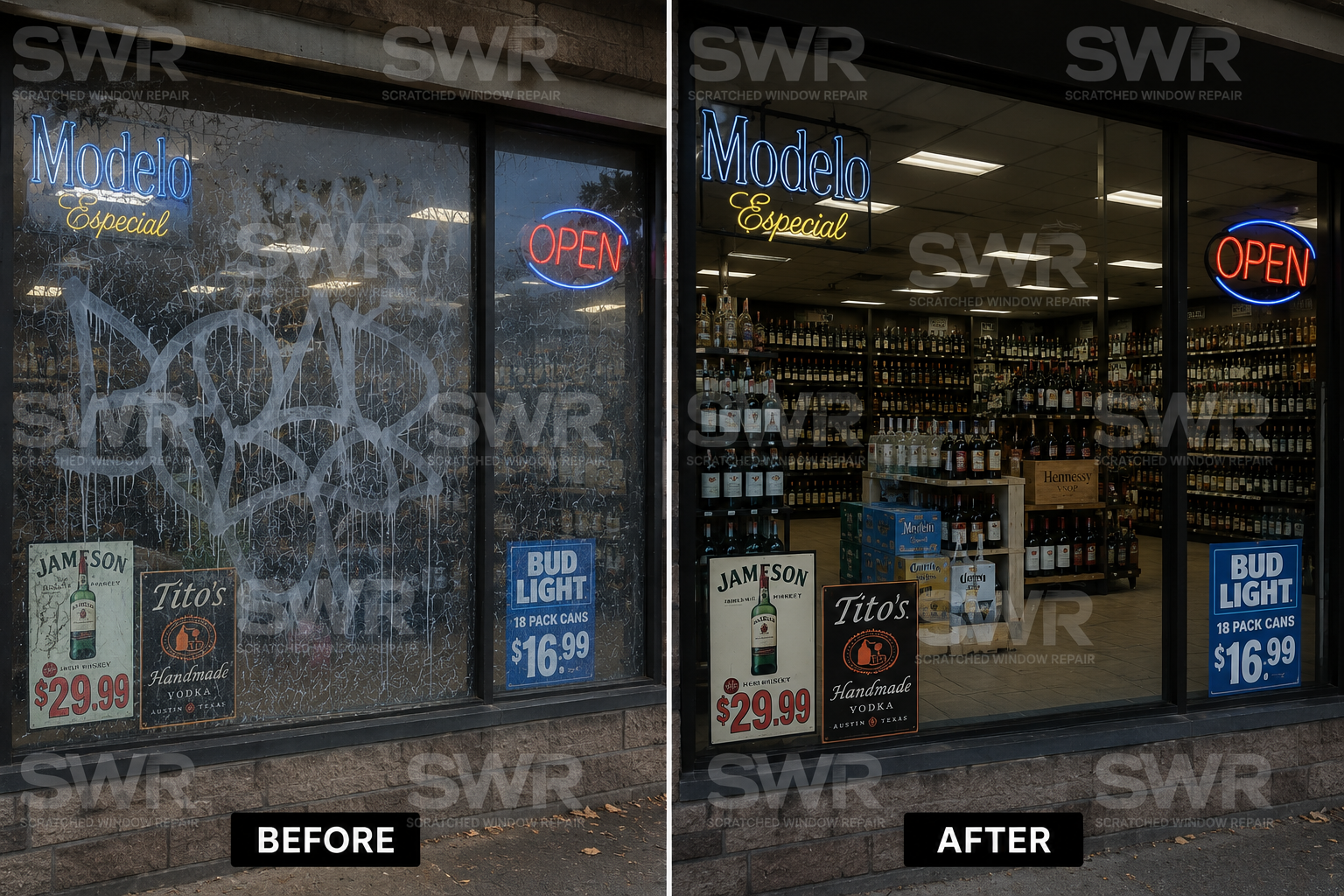 Liquor store storefront graffiti removal before and after