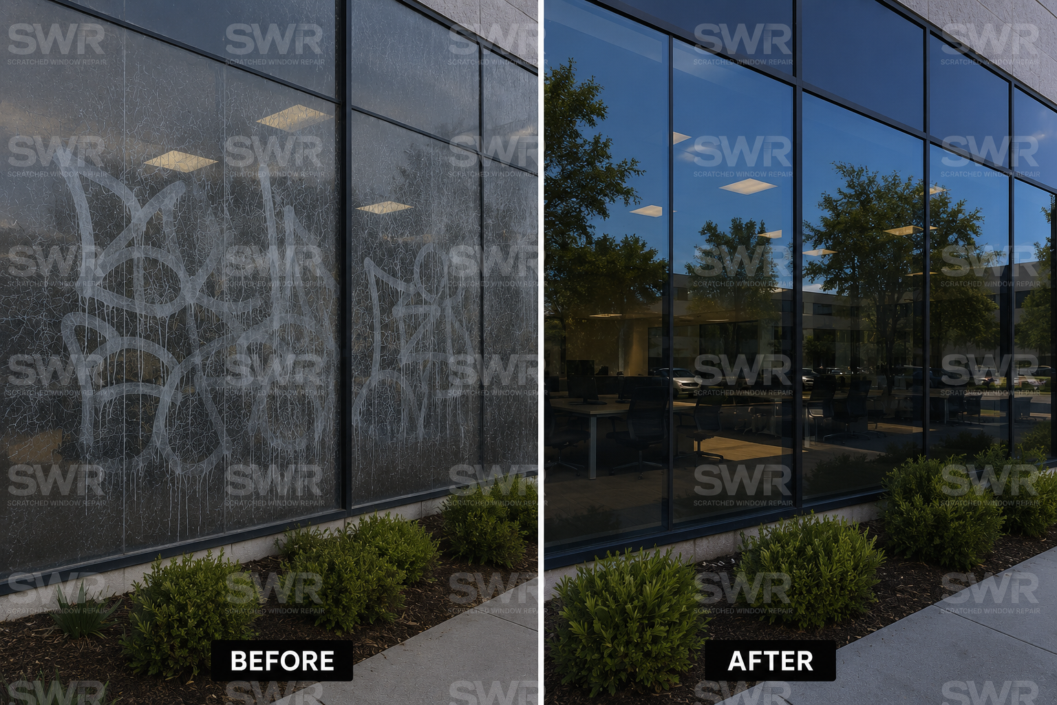 Commercial building glass restoration before and after